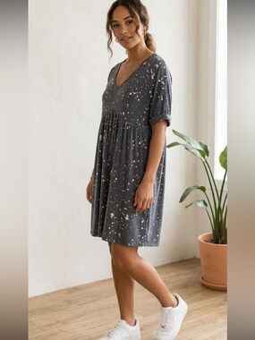 mts Women's Blue Gray Splatter V-Neck Dress